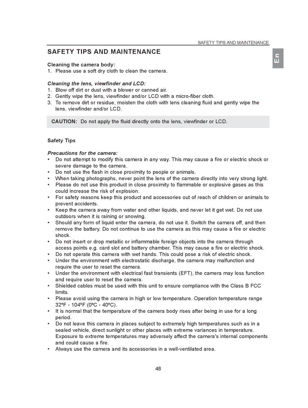 Concord Camera 2040 manual Safety Tips and Maintenance, Cleaning the camera body, Cleaning the lens, viewfinder and LCD 