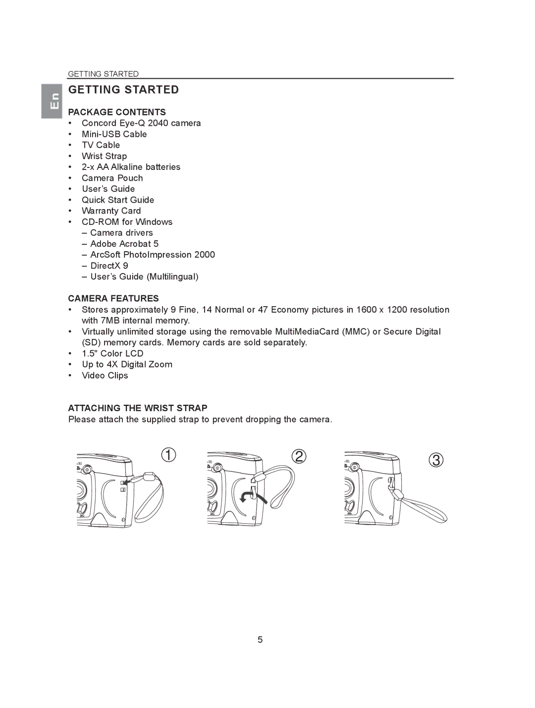 Concord Camera 2040 manual Getting Started, Package Contents, Camera Features, Attaching the Wrist Strap 