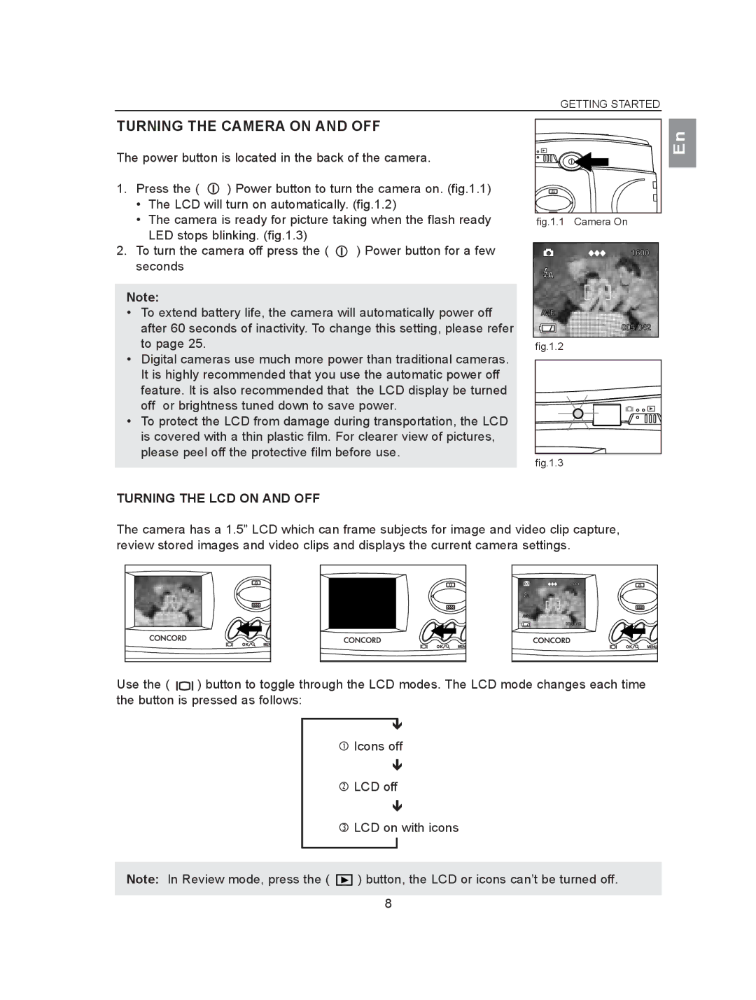 Concord Camera 2040 manual Turning the Camera on and OFF, Turning the LCD on and OFF 