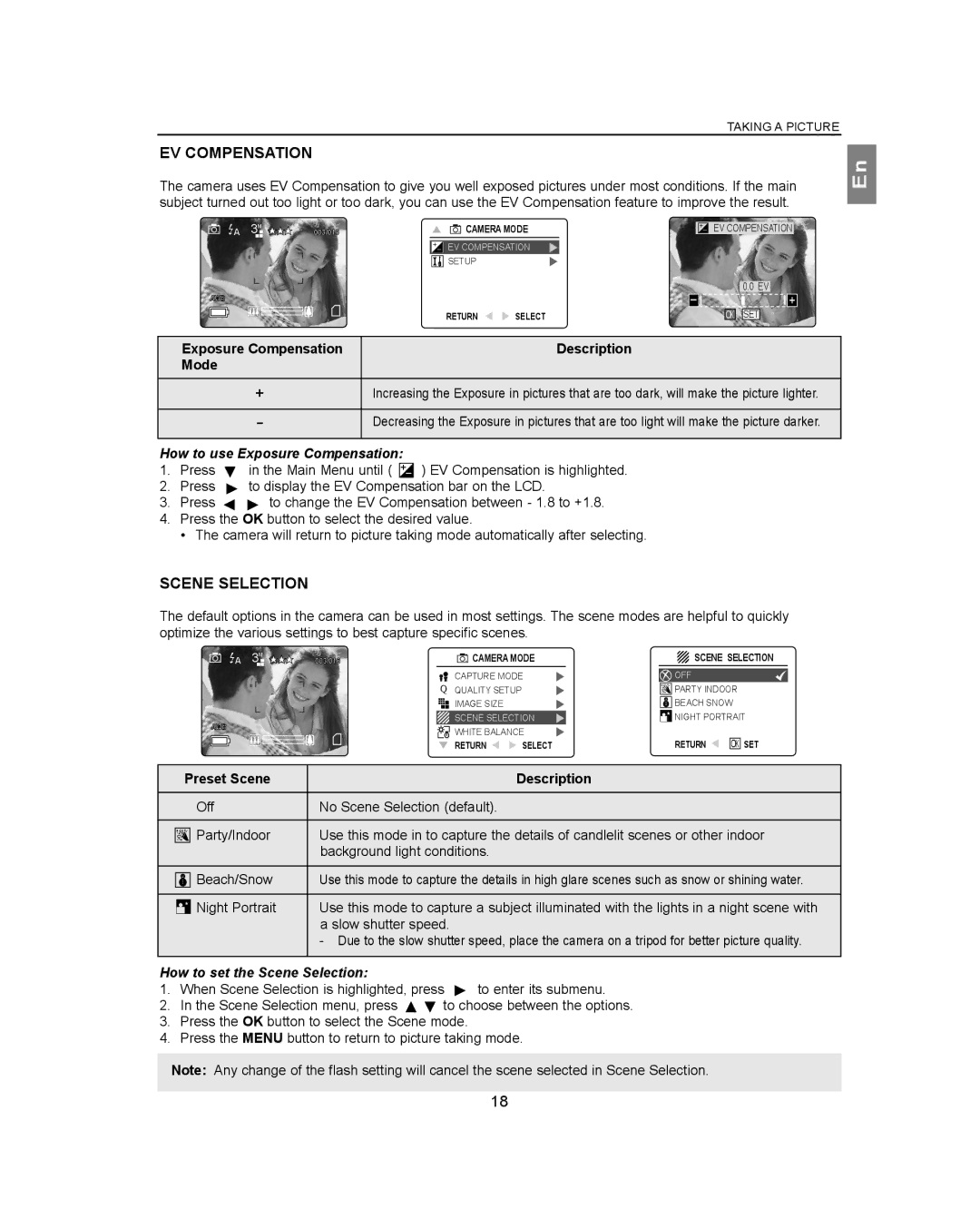 Concord Camera 3040AF manual EV Compensation, How to use Exposure Compensation, How to set the Scene Selection 