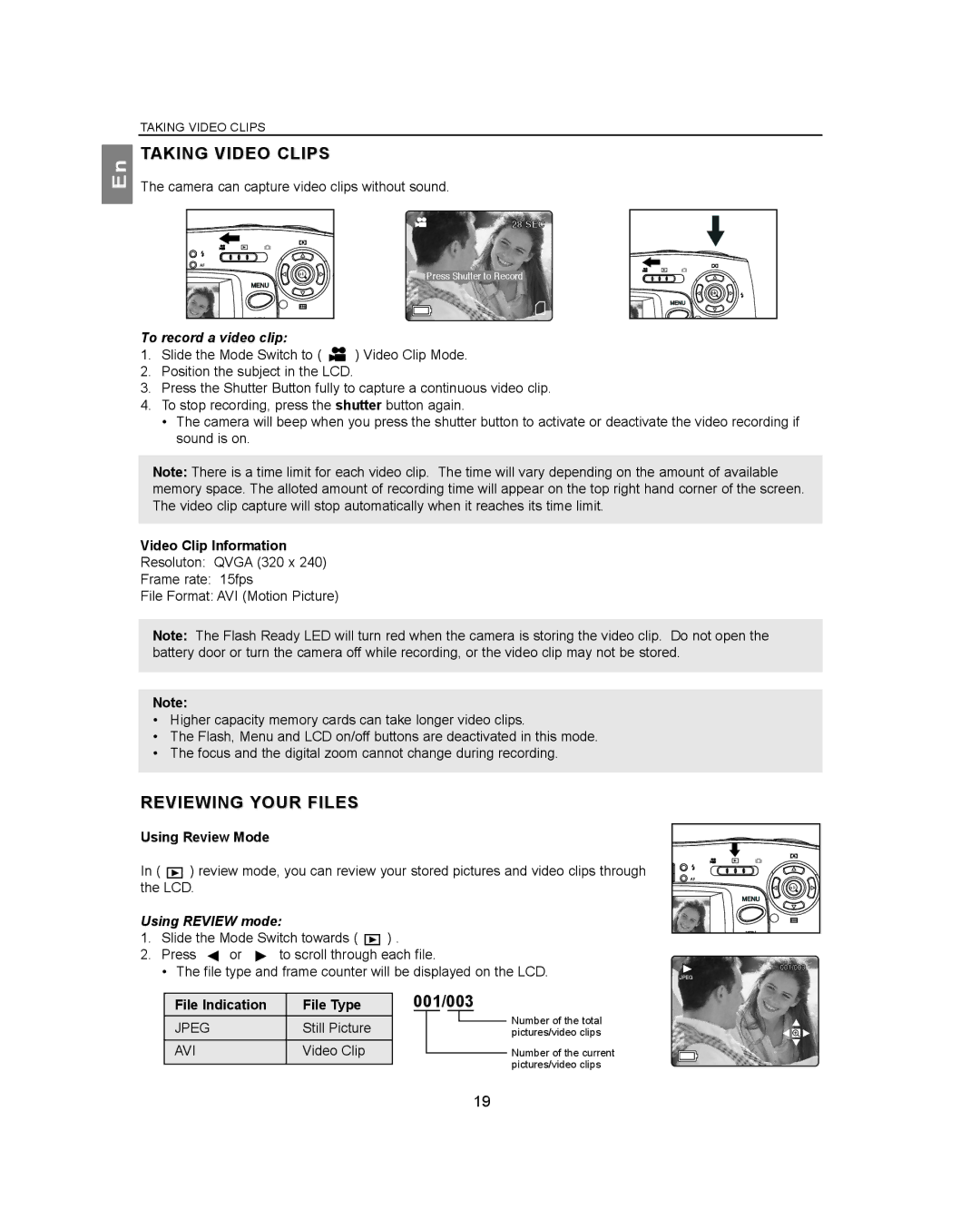 Concord Camera 3040AF manual Taking Video Clips, Reviewing Your Files, To record a video clip, Using Review mode 