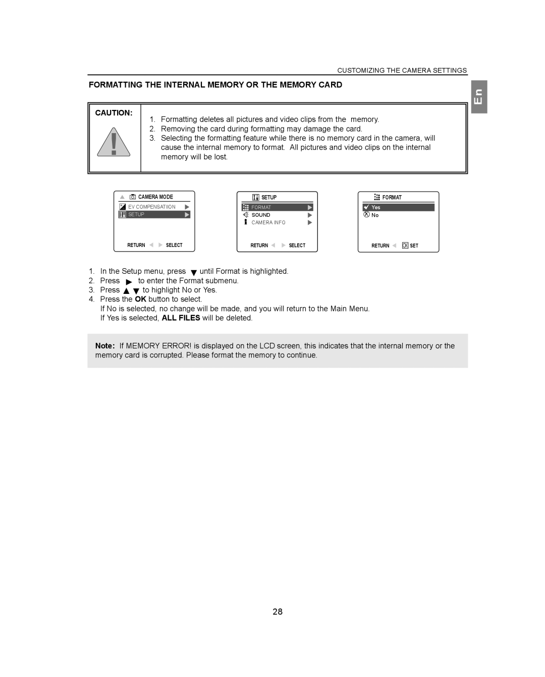 Concord Camera 3040AF manual Formatting the Internal Memory or the Memory Card 