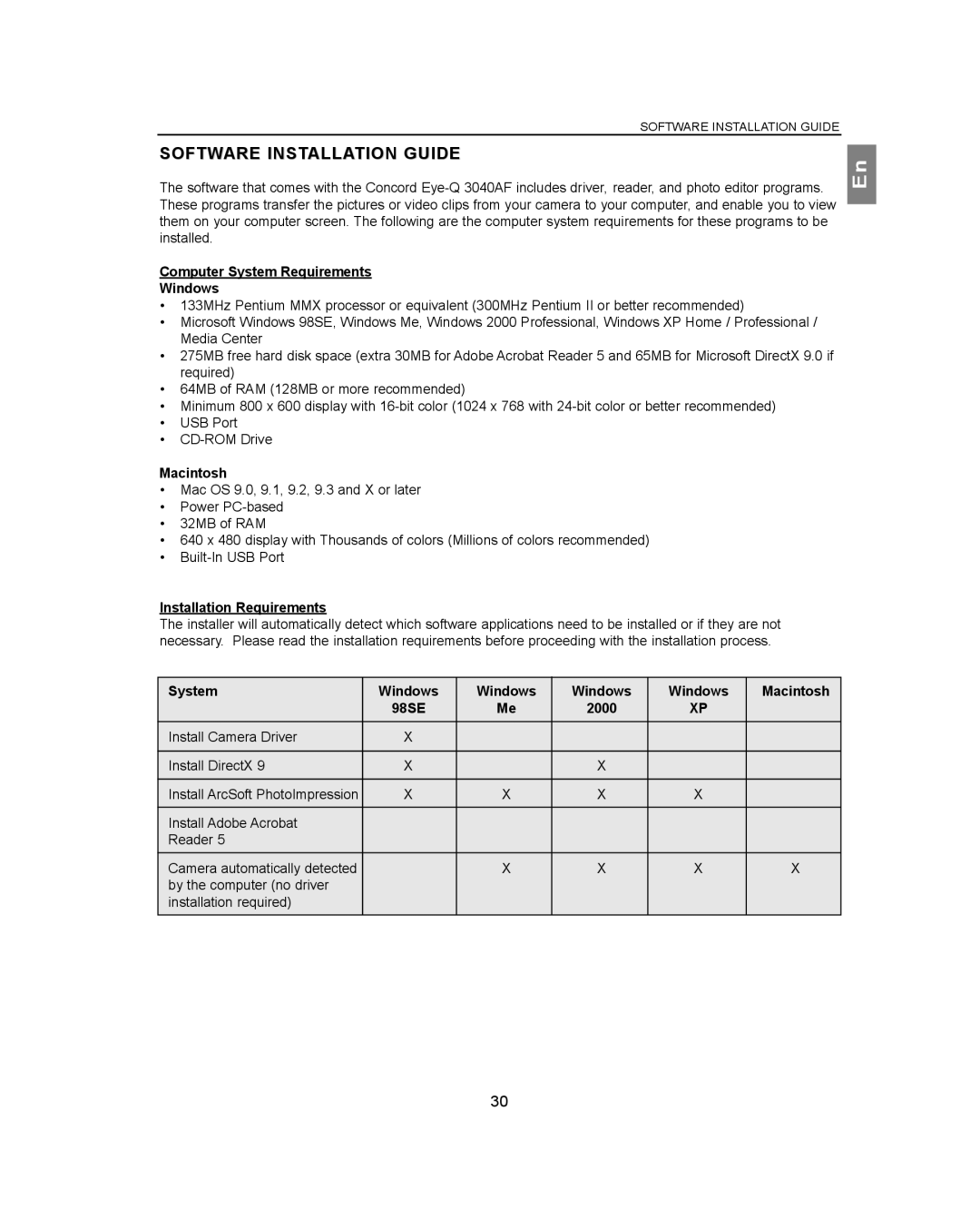 Concord Camera 3040AF manual Software Installation Guide, Computer System Requirements Windows, Macintosh 