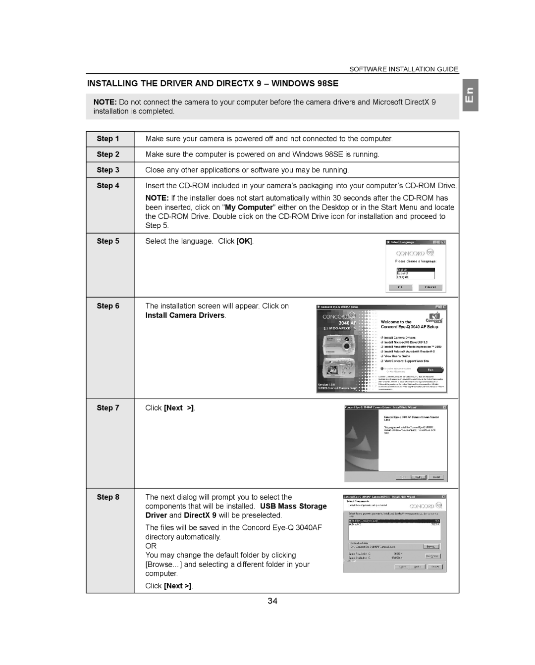 Concord Camera 3040AF manual Installing the Driver and Directx 9 Windows 98SE, Step, Install Camera Drivers, Click Next 