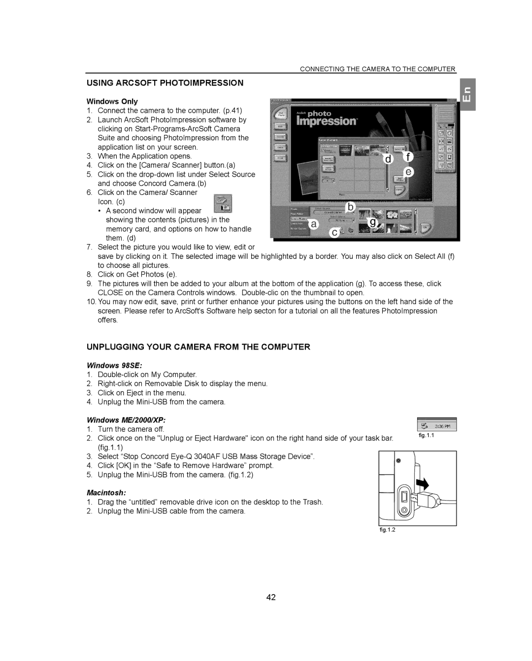 Concord Camera 3040AF Using Arcsoft Photoimpression, Unplugging Your Camera from the Computer, Windows 98SE, Macintosh 