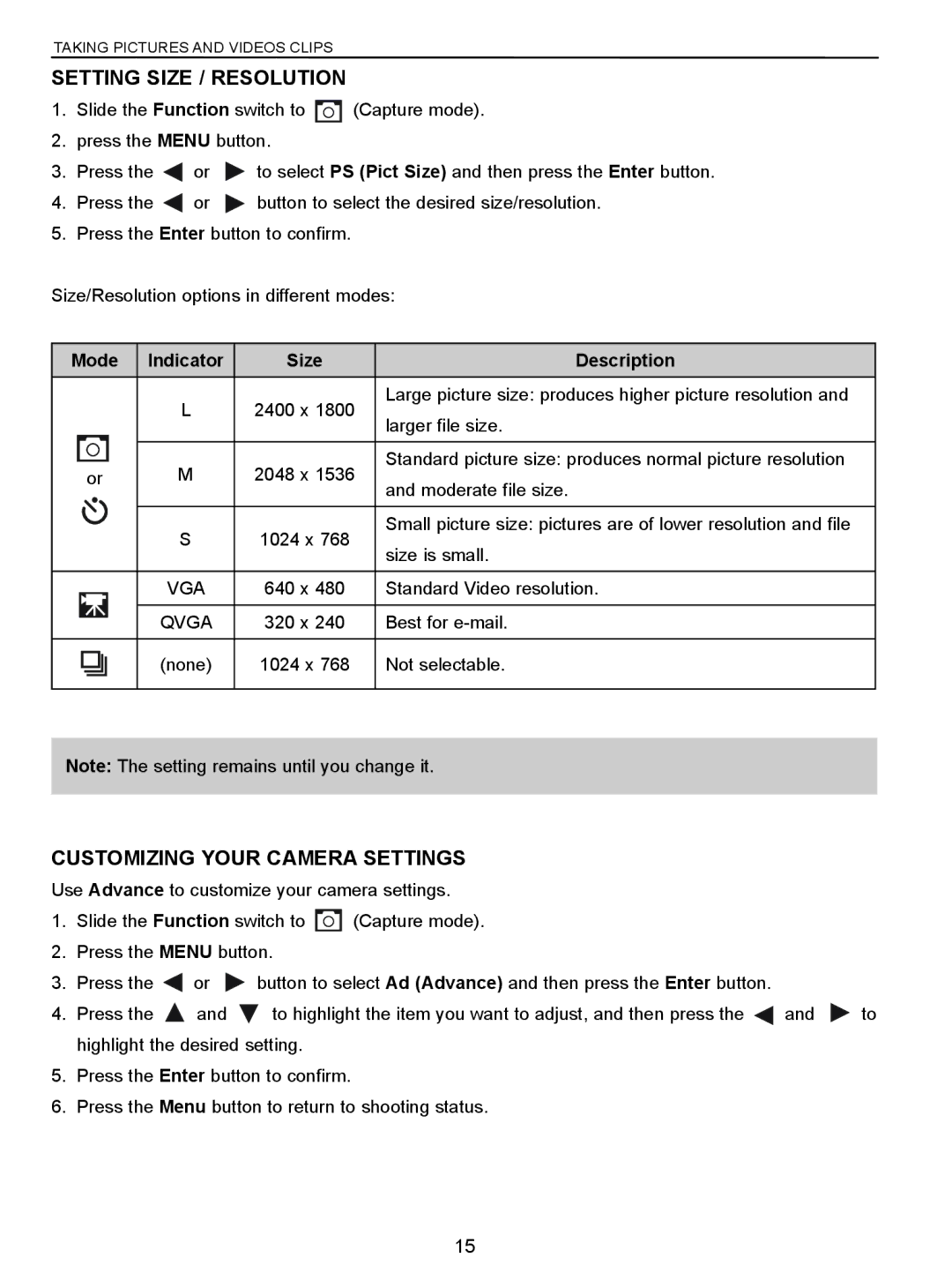 Concord Camera 3043 manual Setting Size / Resolution, Customizing Your Camera Settings, Mode Indicator Size Description 