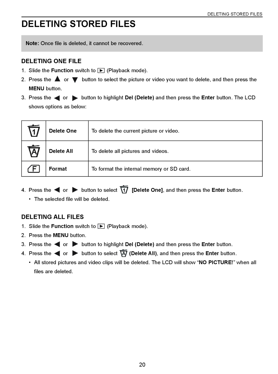 Concord Camera 3043 manual Deleting Stored Files, Deleting ONE File, Deleting ALL Files 