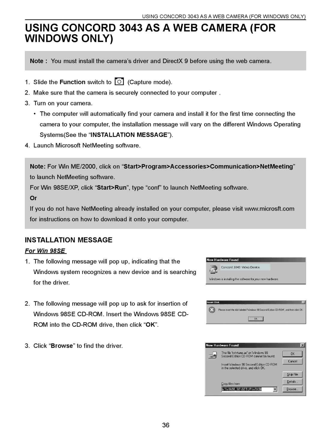 Concord Camera manual Using Concord 3043 AS a WEB Camera for Windows only, Installation Message, For Win 98SE 