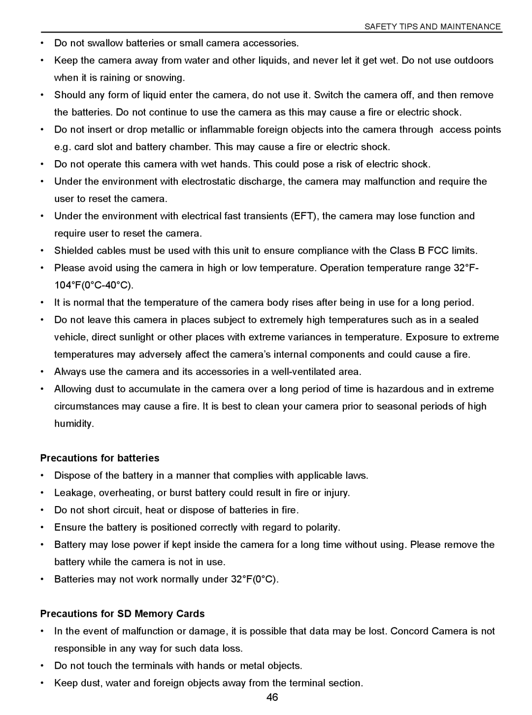 Concord Camera 3043 manual Precautions for batteries, Precautions for SD Memory Cards 