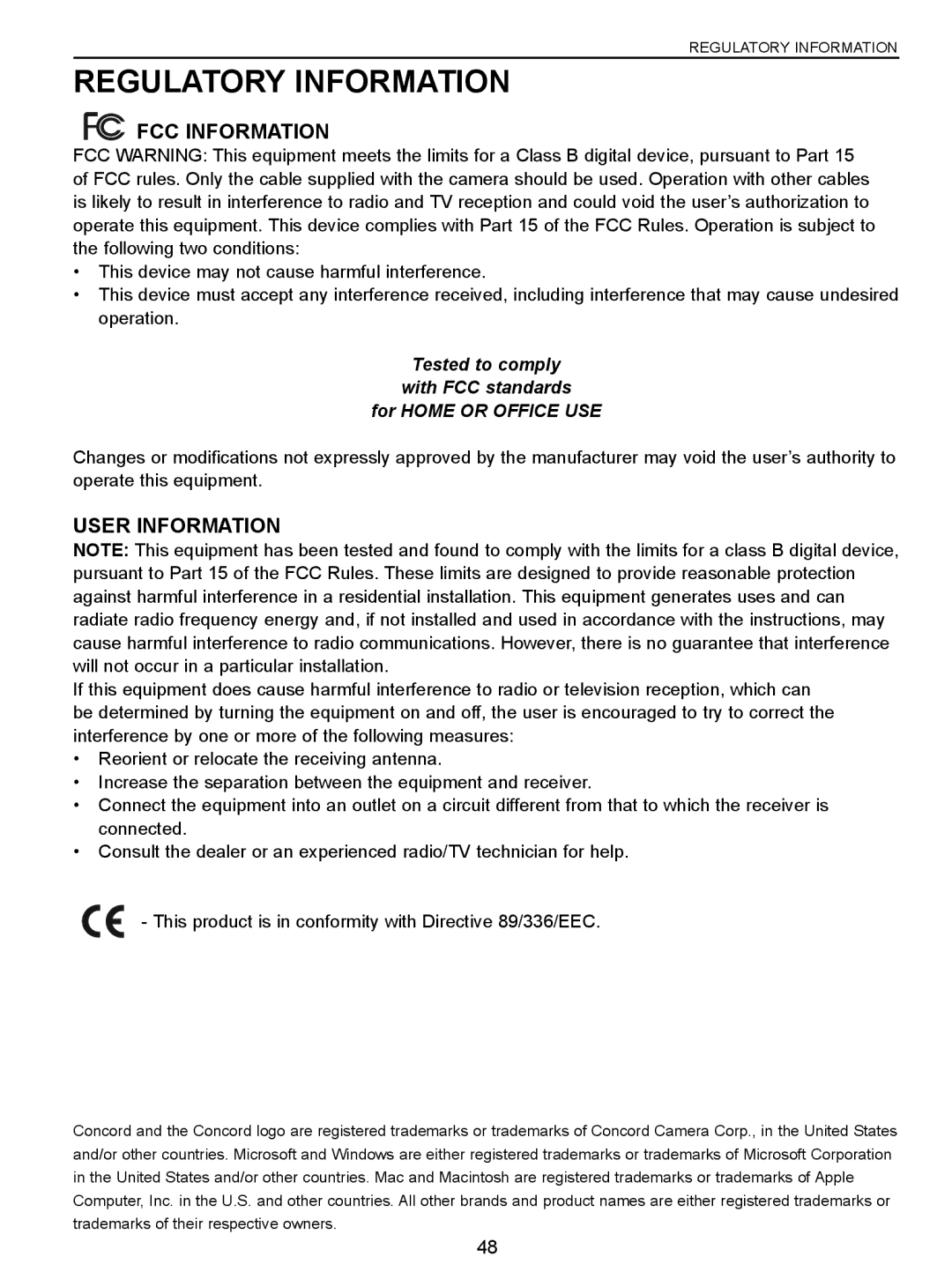 Concord Camera 3043 manual Regulatory Information, FCC Information, User Information 