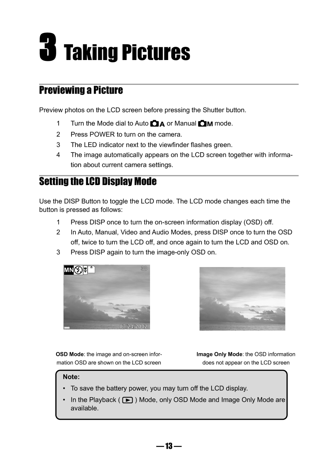 Concord Camera 3045 manual Taking Pictures, Previewing a Picture, Setting the LCD Display Mode 