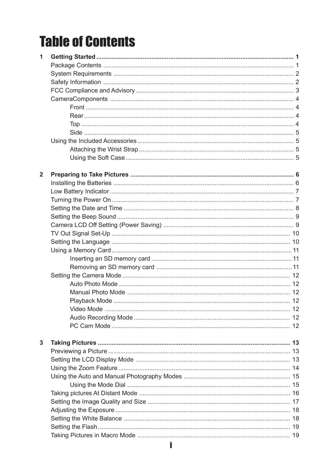 Concord Camera 3045 manual Table of Contents 