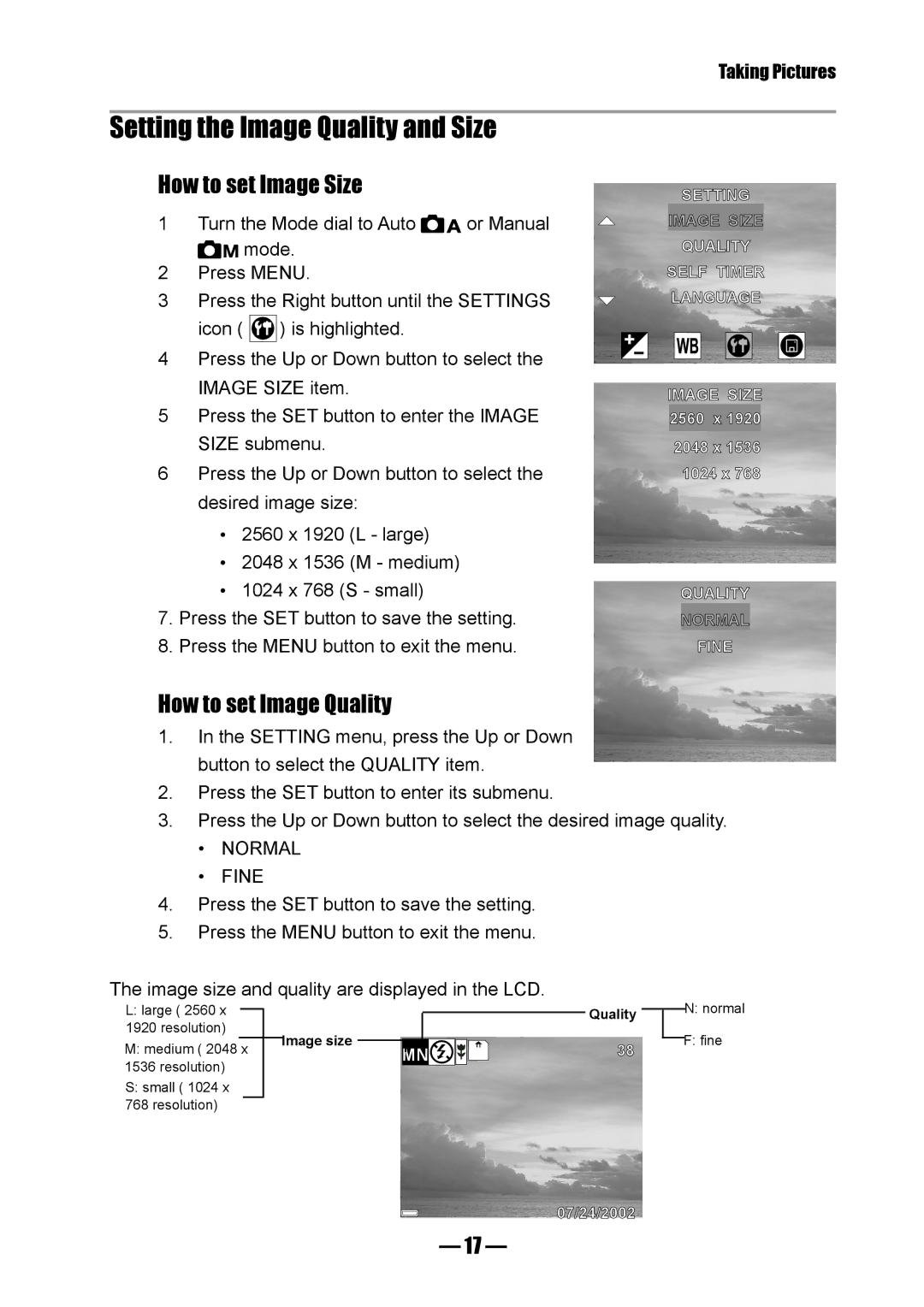 Concord Camera 3045 manual Setting the Image Quality and Size, How to set Image Size 