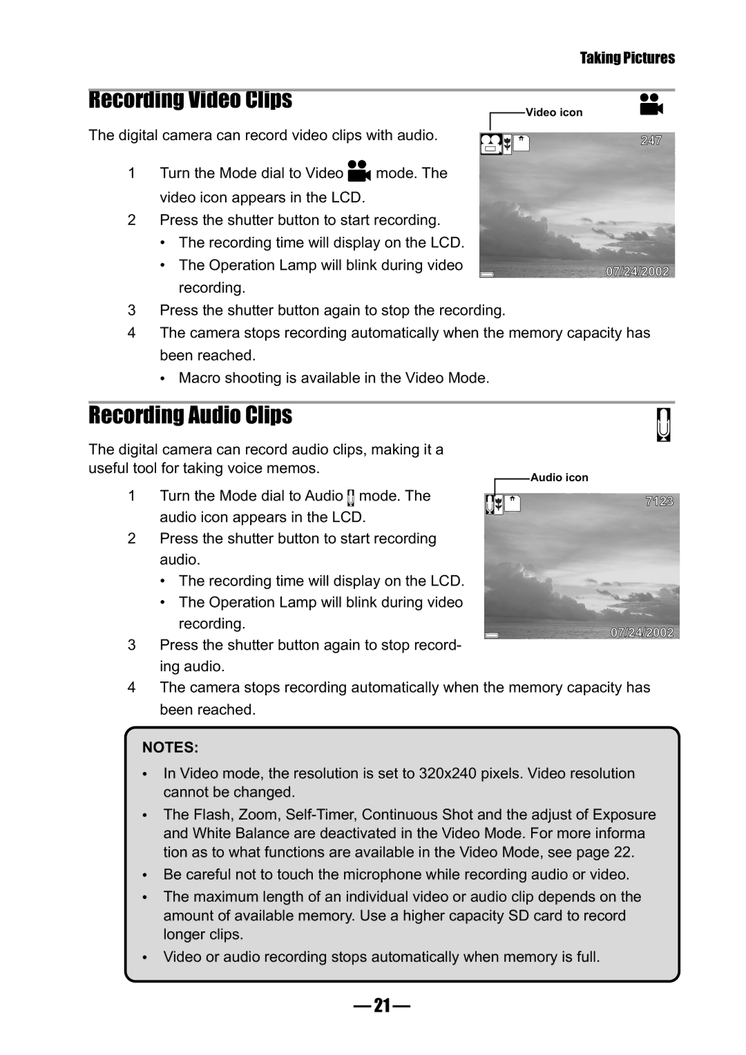 Concord Camera 3045 manual Recording Video Clips, Recording Audio Clips, Digital camera can record video clips with audio 