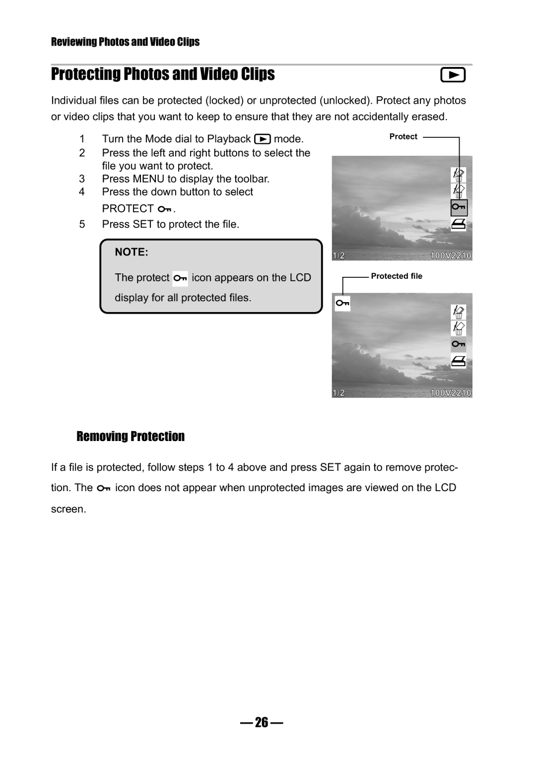 Concord Camera 3045 manual Protecting Photos and Video Clips, Removing Protection, Protect Icon appears on the LCD 