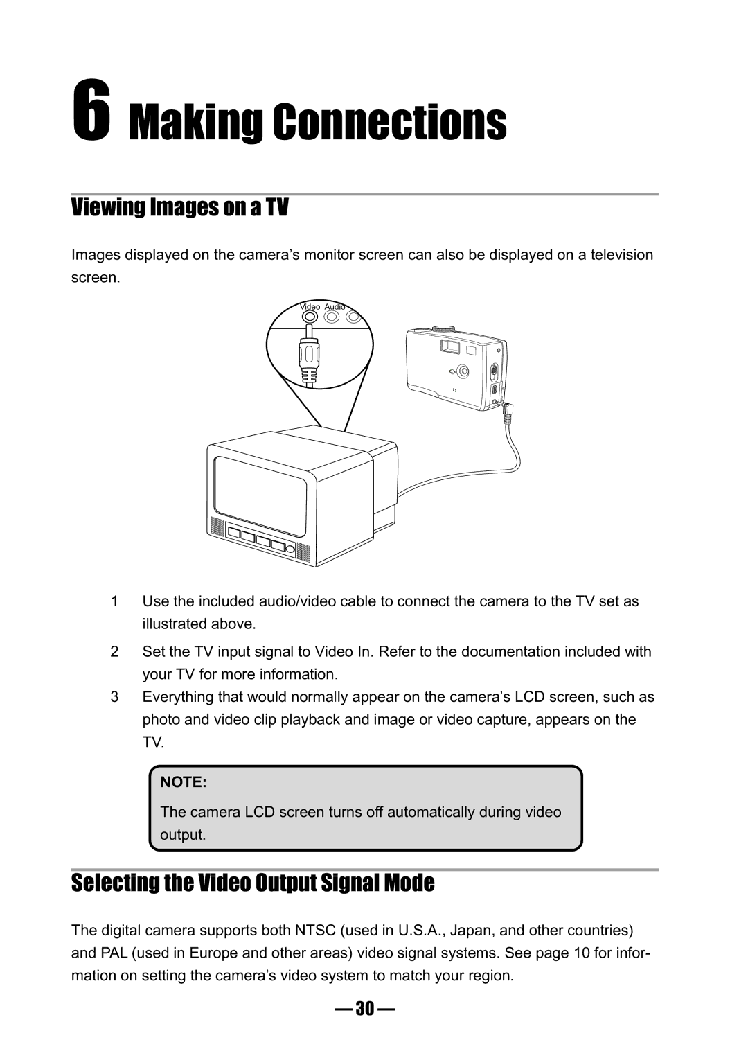 Concord Camera 3045 manual Making Connections, Viewing Images on a TV, Selecting the Video Output Signal Mode 