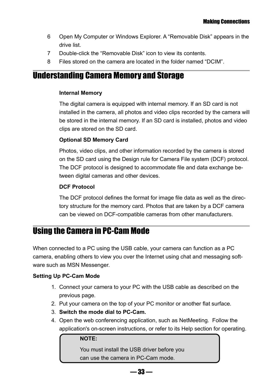 Concord Camera 3045 manual Understanding Camera Memory and Storage, Using the Camera in PC-Cam Mode 