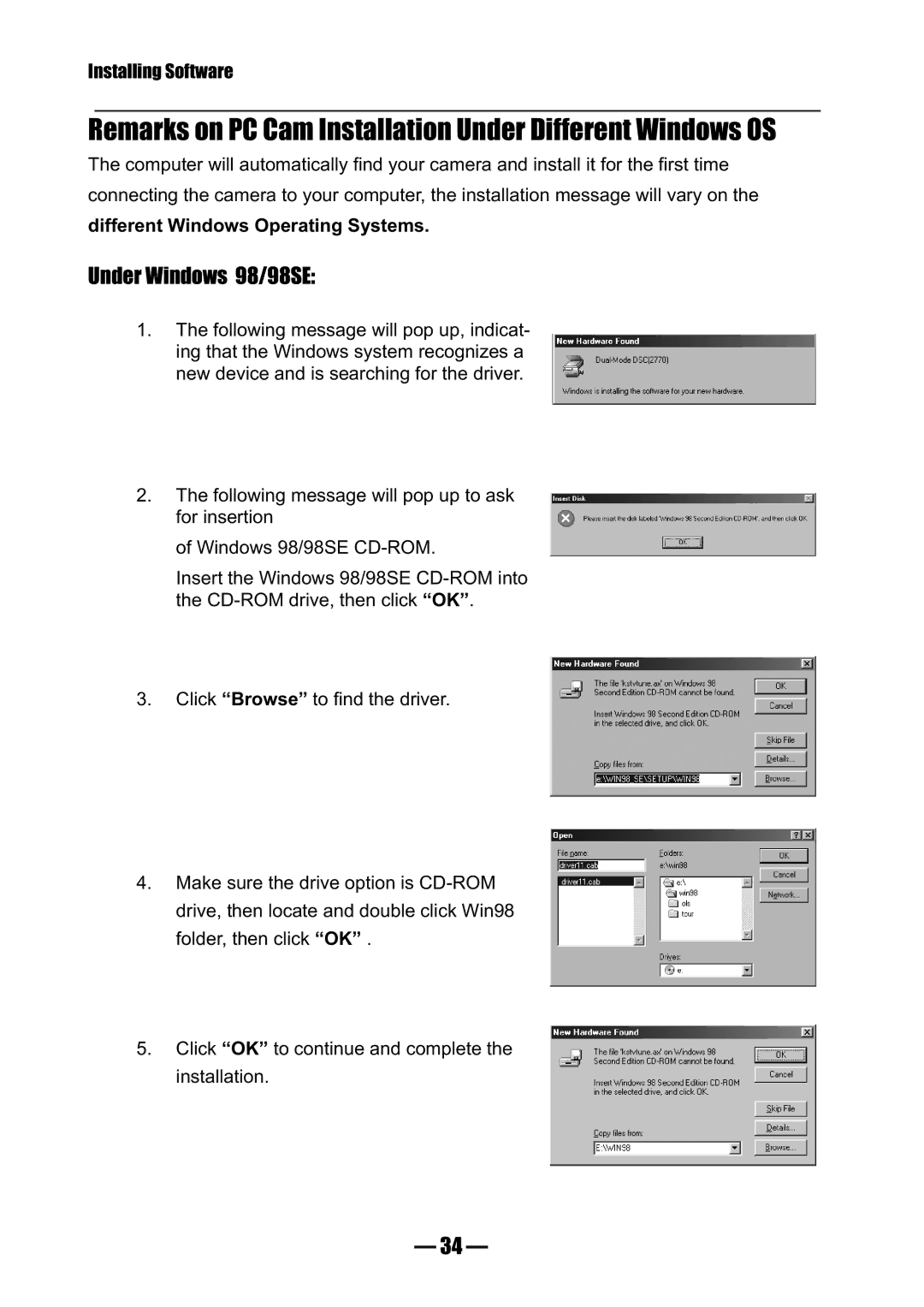 Concord Camera 3045 manual Remarks on PC Cam Installation Under Different Windows OS, Under Windows 98/98SE 