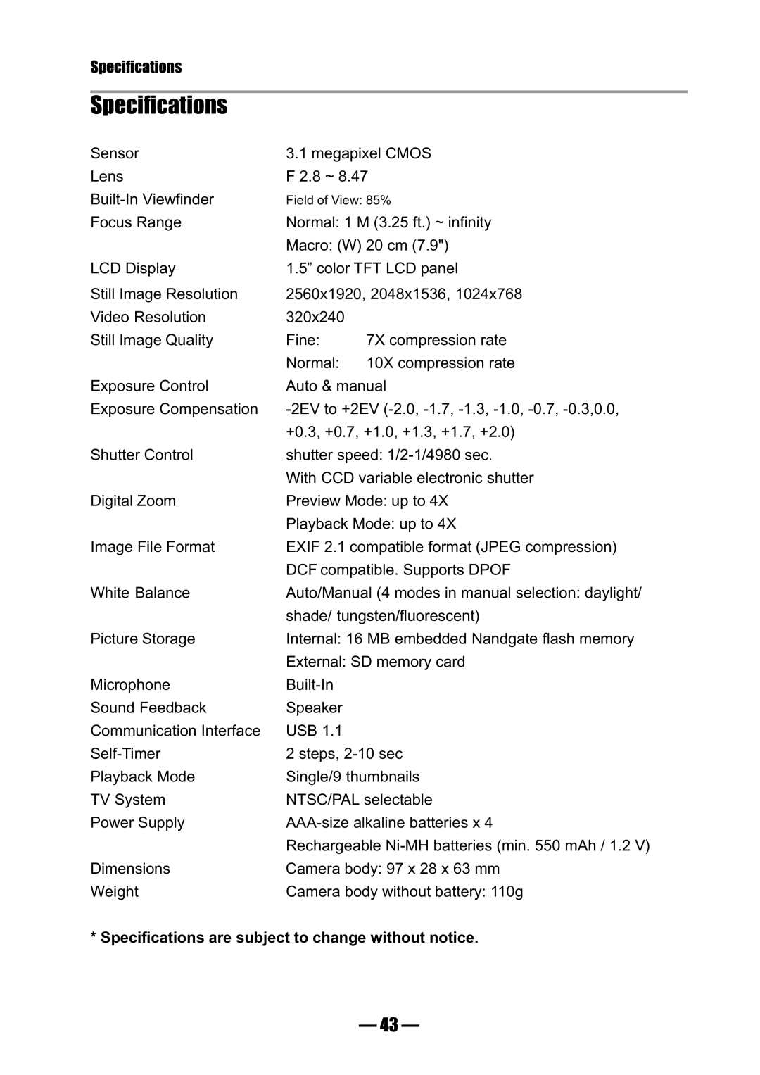 Concord Camera 3045 manual Specifications are subject to change without notice 