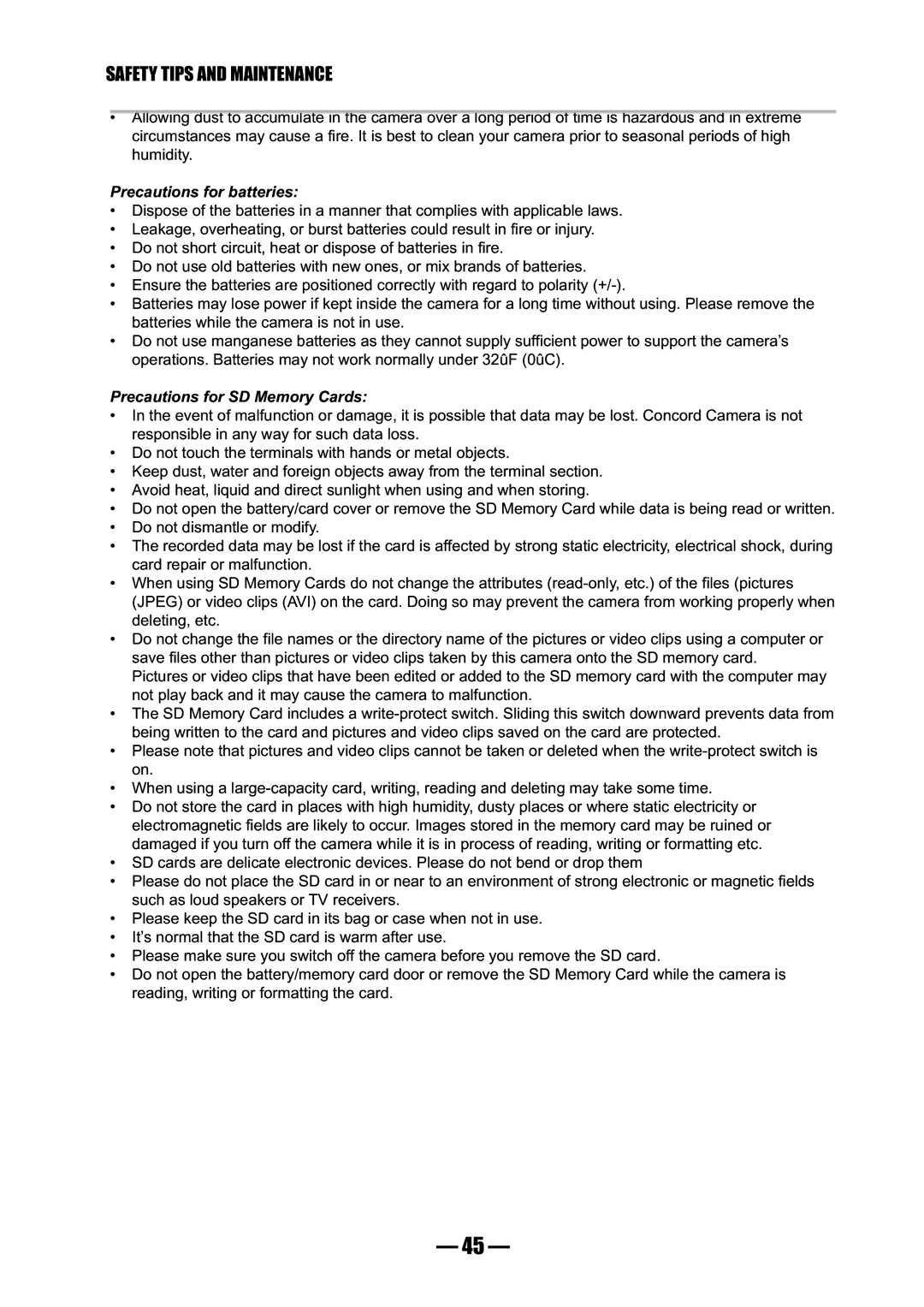 Concord Camera 3045 manual Precautions for batteries 