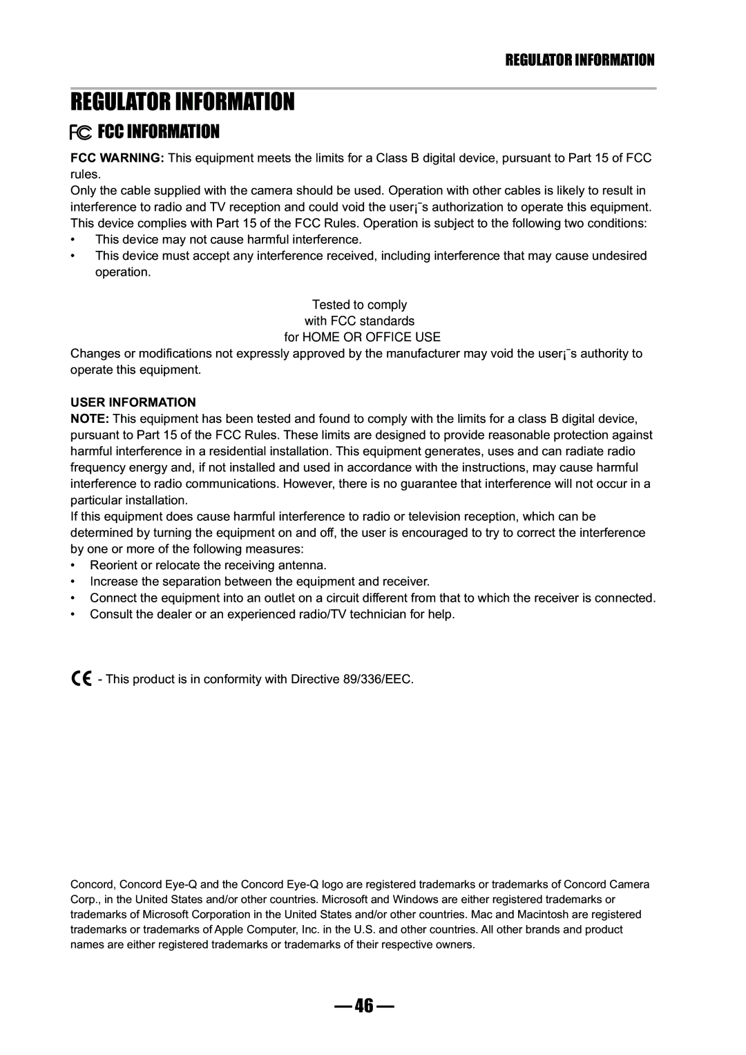 Concord Camera 3045 manual Regulator Information 