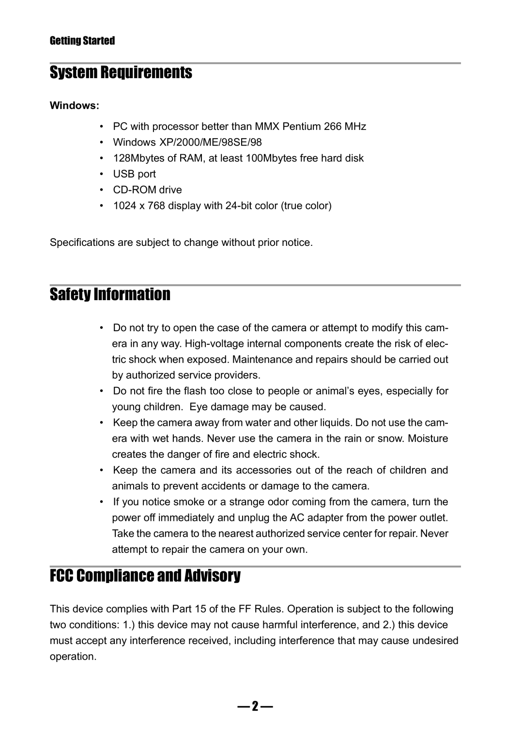 Concord Camera 3045 manual System Requirements, Safety Information, FCC Compliance and Advisory, Windows 