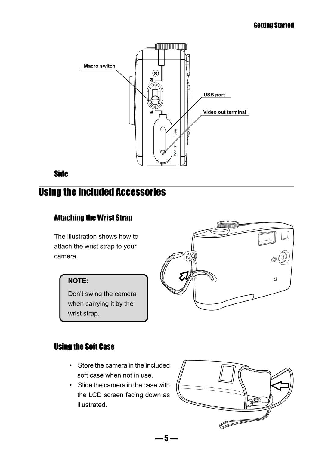 Concord Camera 3045 manual Using the Included Accessories, Side, Attaching the Wrist Strap, Using the Soft Case 