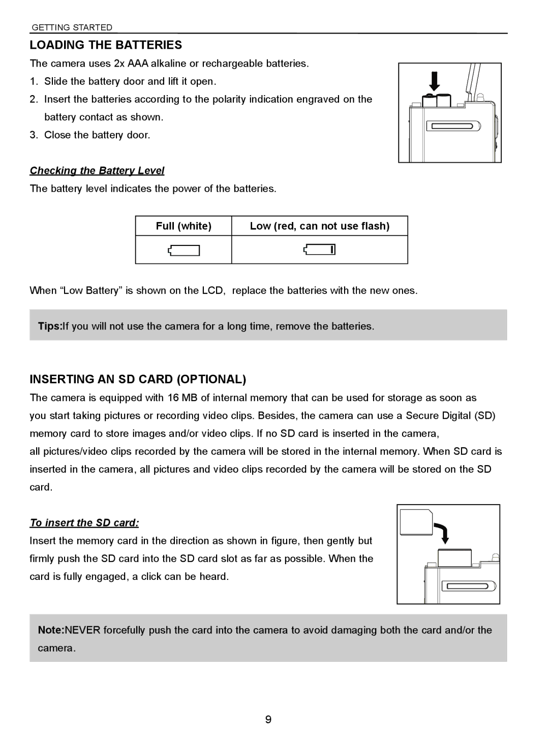 Concord Camera 3047 manual Loading the Batteries, Inserting AN SD Card Optional, Checking the Battery Level 