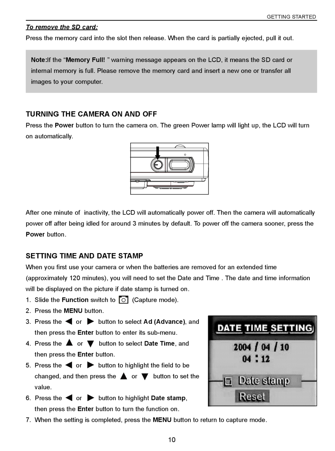 Concord Camera 3047 manual Turning the Camera on and OFF, Setting Time and Date Stamp, To remove the SD card 