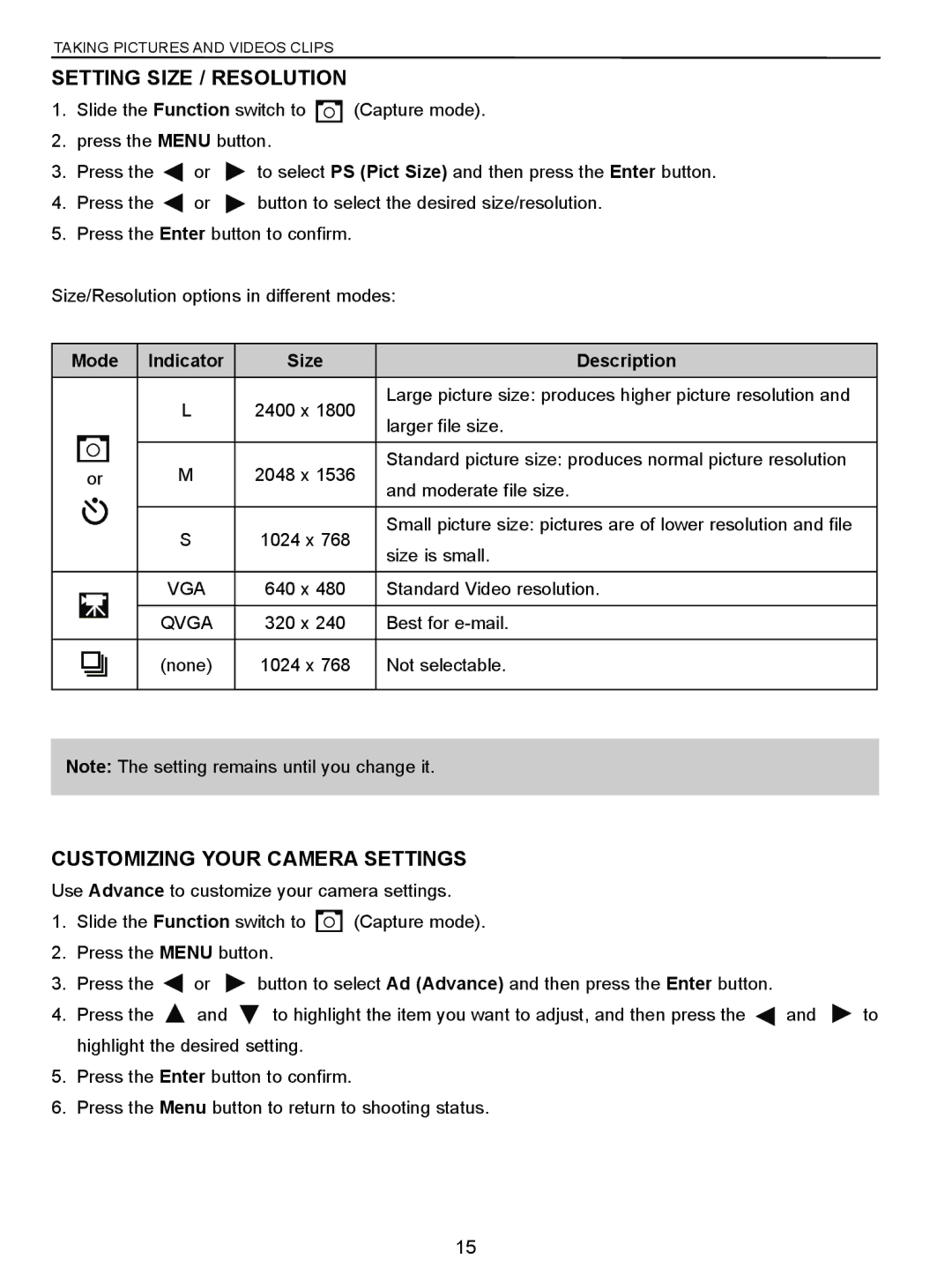 Concord Camera 3047 manual Setting Size / Resolution, Customizing Your Camera Settings, Mode Indicator Size Description 