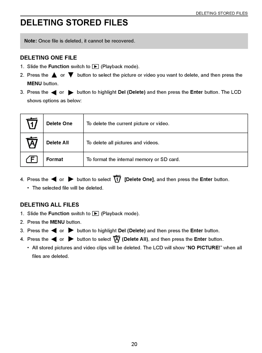 Concord Camera 3047 manual Deleting Stored Files, Deleting ONE File, Deleting ALL Files 