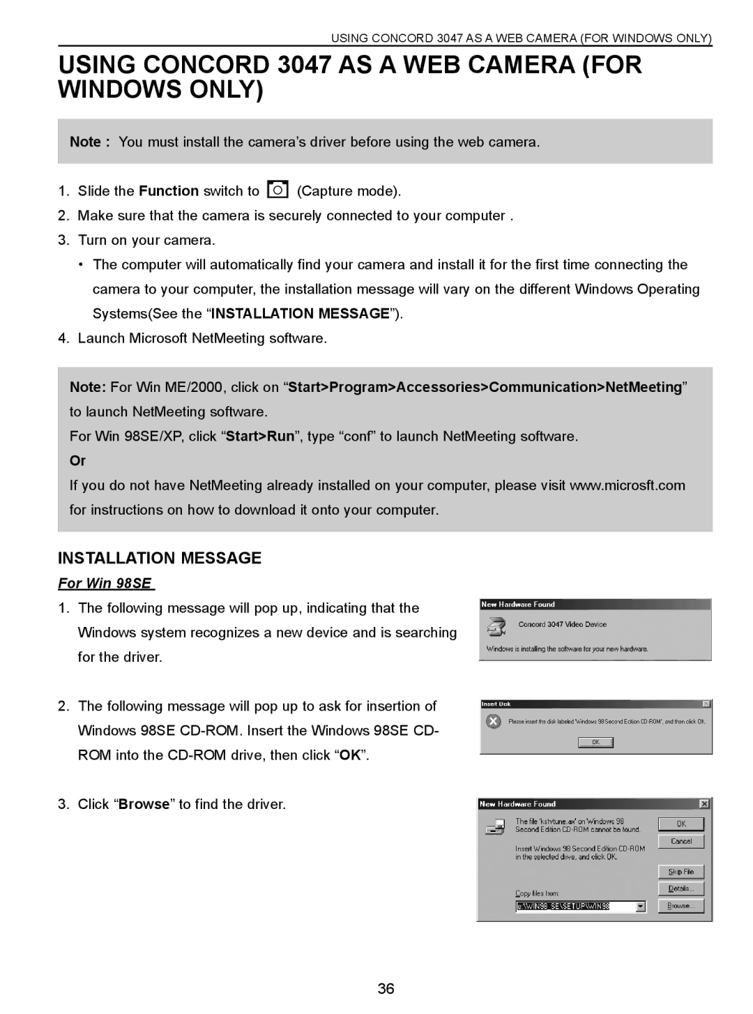 Concord Camera manual Using Concord 3047 AS a WEB Camera for Windows only, Installation Message, For Win 98SE 