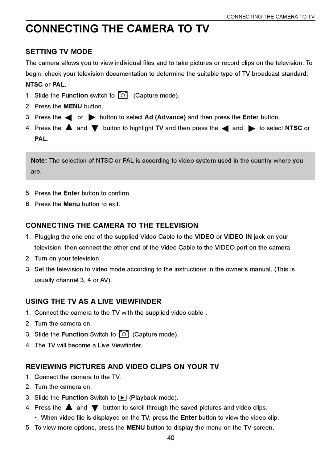 Concord Camera 3047 manual Connecting the Camera to TV, Setting TV Mode, Connecting the Camera to the Television 