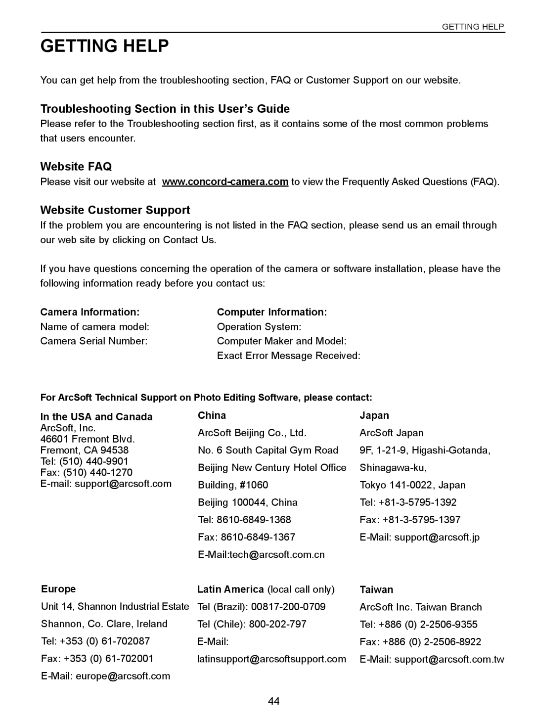 Concord Camera 3047 manual Getting Help, Camera Information Computer Information, Europe, Taiwan 