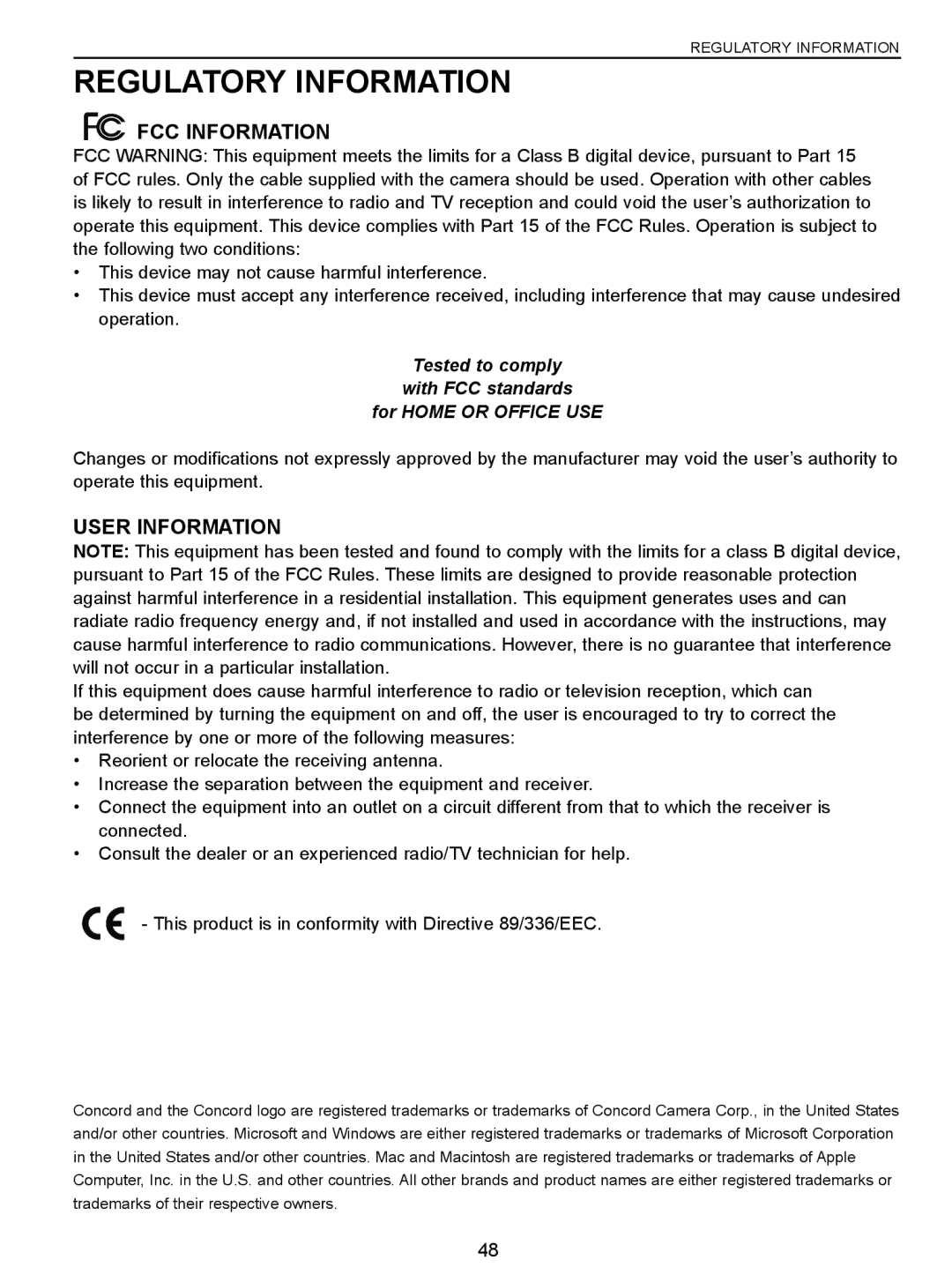 Concord Camera 3047 manual Regulatory Information, FCC Information, User Information 