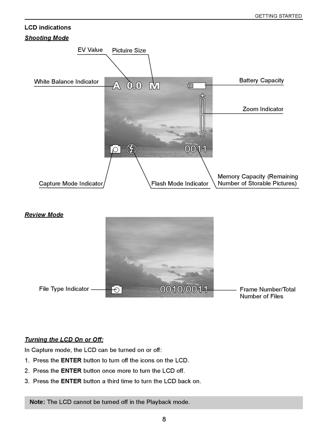 Concord Camera 3047 manual LCD indications, Shooting Mode, Review Mode, Turning the LCD On or Off 