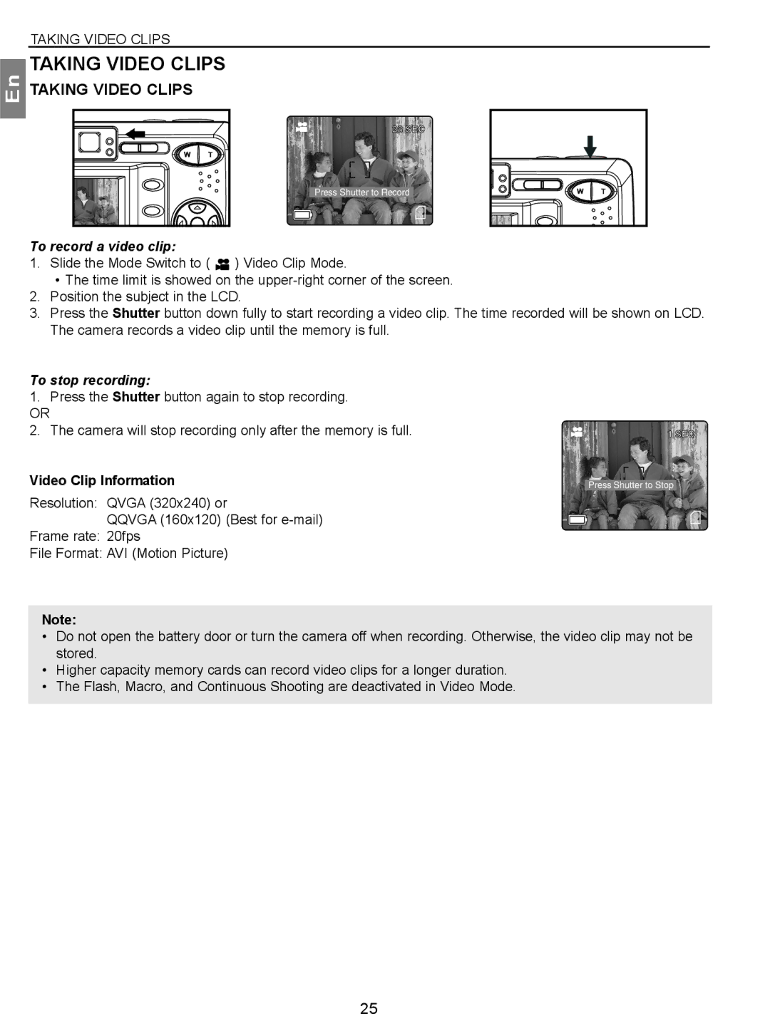 Concord Camera 3.1 Megapixels Digital Camera manual Taking Video Clips, To record a video clip, To stop recording 