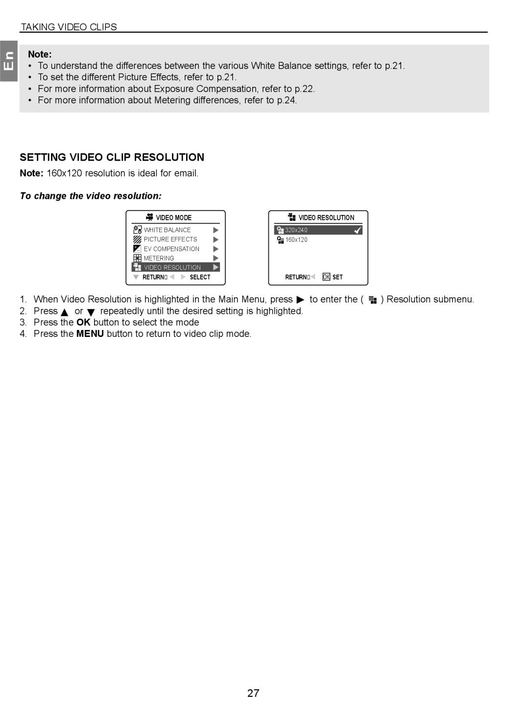 Concord Camera 3.1 Megapixels Digital Camera manual Setting Video Clip Resolution, To change the video resolution 