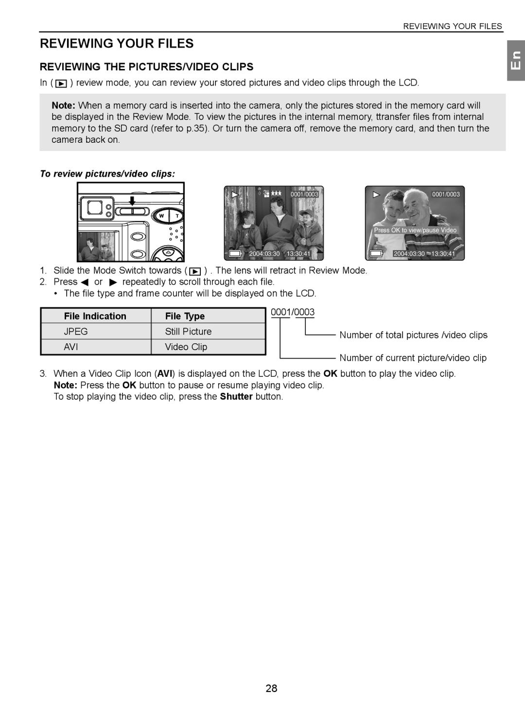 Concord Camera 3.1 Megapixels Digital Camera manual Reviewing Your Files, Reviewing the PICTURES/VIDEO Clips 