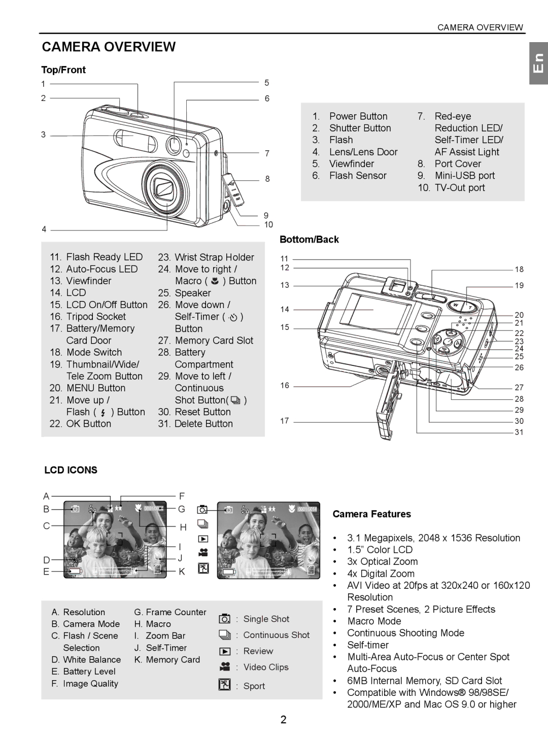 Concord Camera 3.1 Megapixels Digital Camera manual Camera Overview, Top/Front, Bottom/Back, LCD Icons, Camera Features 