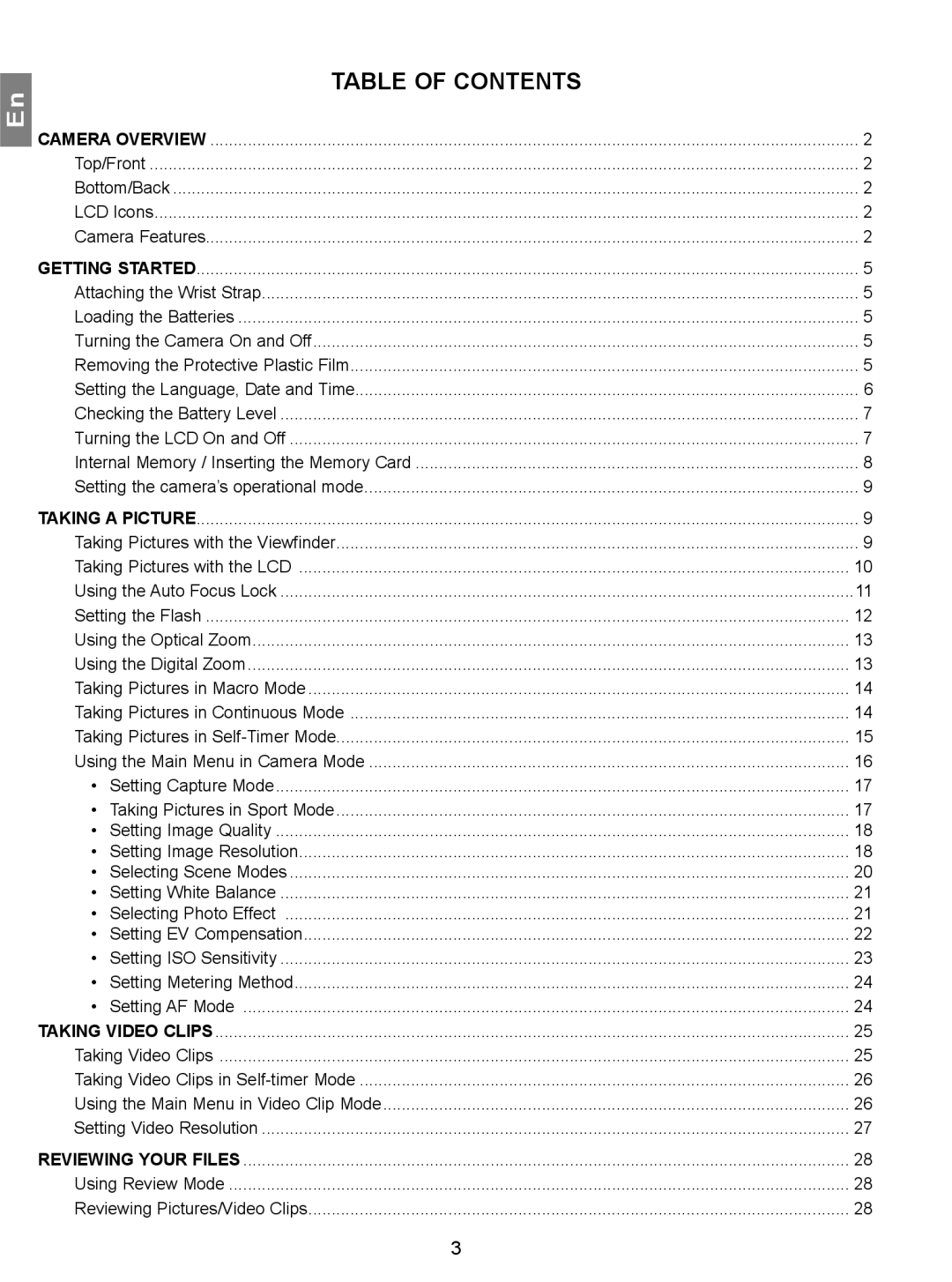 Concord Camera 3.1 Megapixels Digital Camera manual Table of Contents 