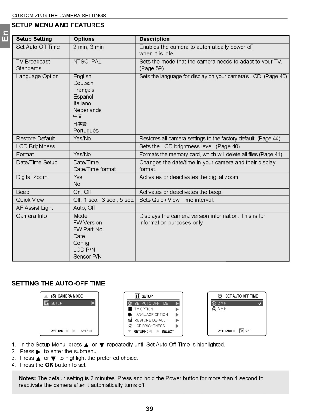 Concord Camera 3.1 Megapixels Digital Camera manual Setup Menu and Features, Setting the AUTO-OFF Time 