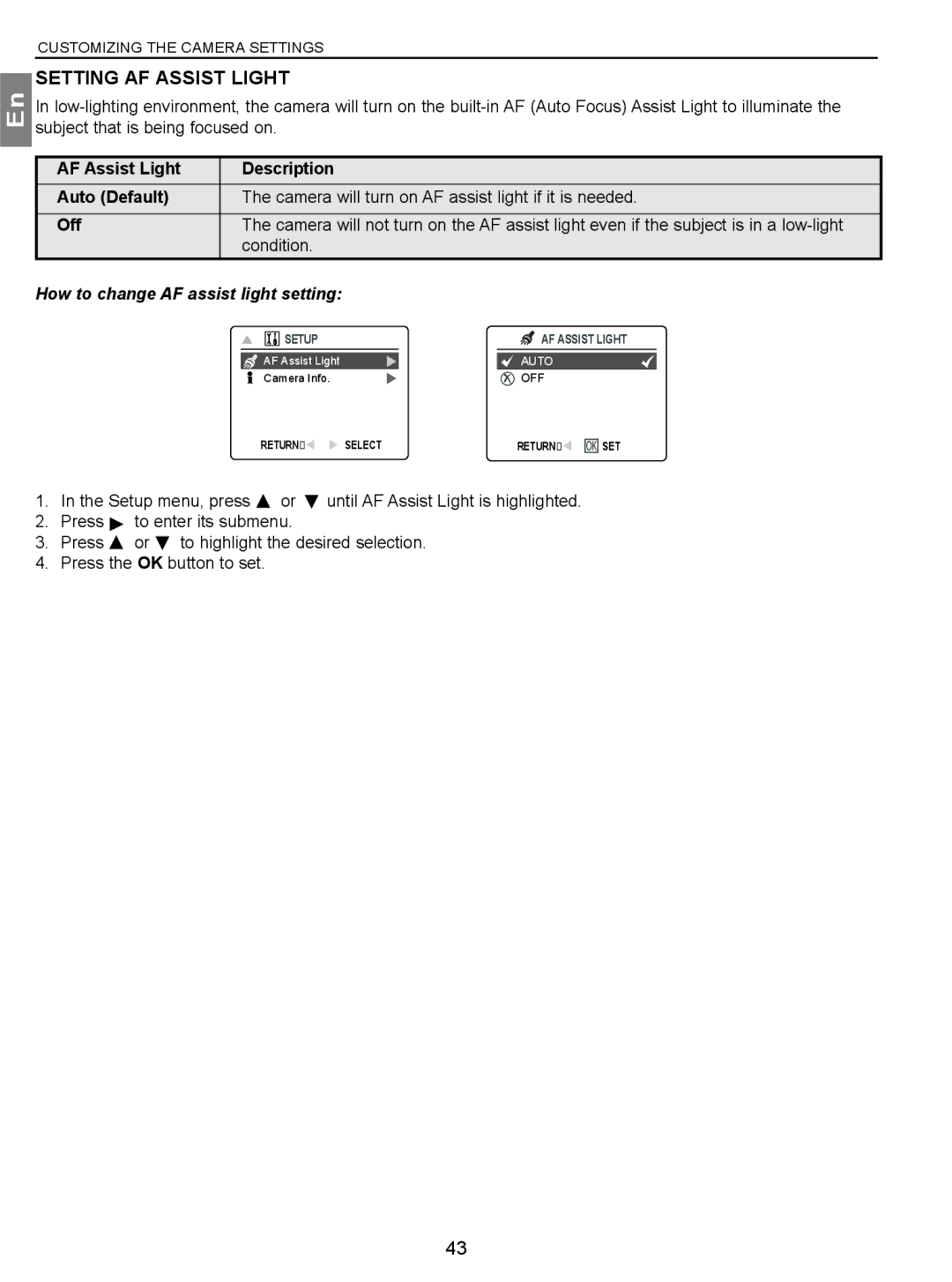 Concord Camera 3.1 Megapixels Digital Camera Setting AF Assist Light, Condition, How to change AF assist light setting 