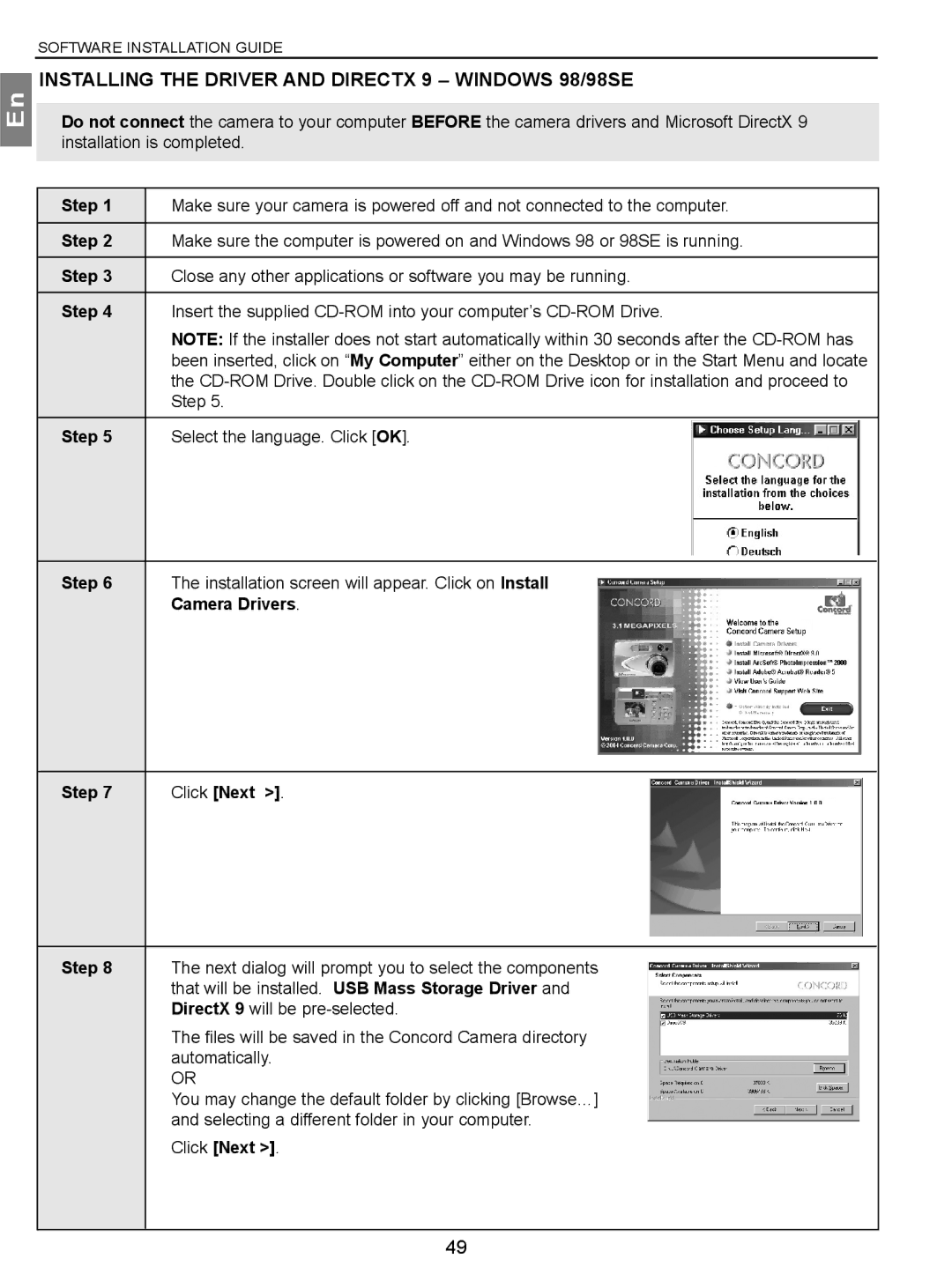 Concord Camera 3.1 Megapixels Digital Camera Installing the Driver and Directx 9 Windows 98/98SE, Step, Camera Drivers 