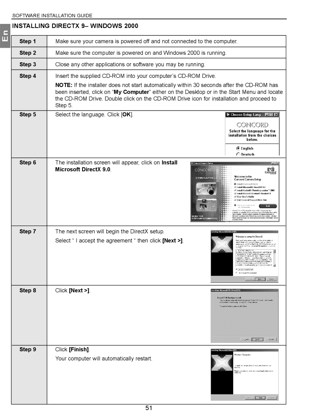 Concord Camera 3.1 Megapixels Digital Camera manual Installing Directx 9- Windows, Microsoft DirectX 