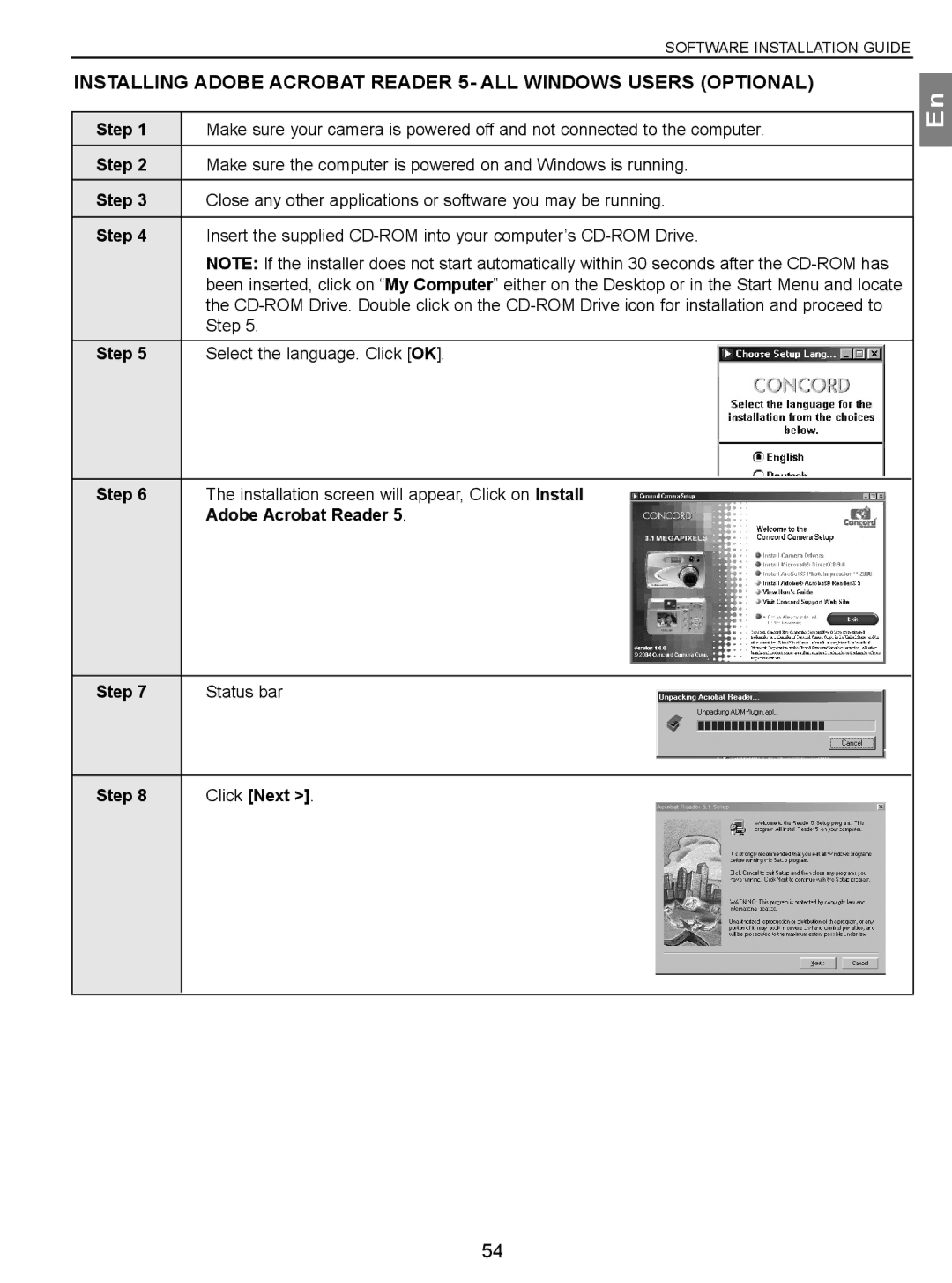 Concord Camera 3.1 Megapixels Digital Camera manual Adobe Acrobat Reader, Step Status bar Click Next 