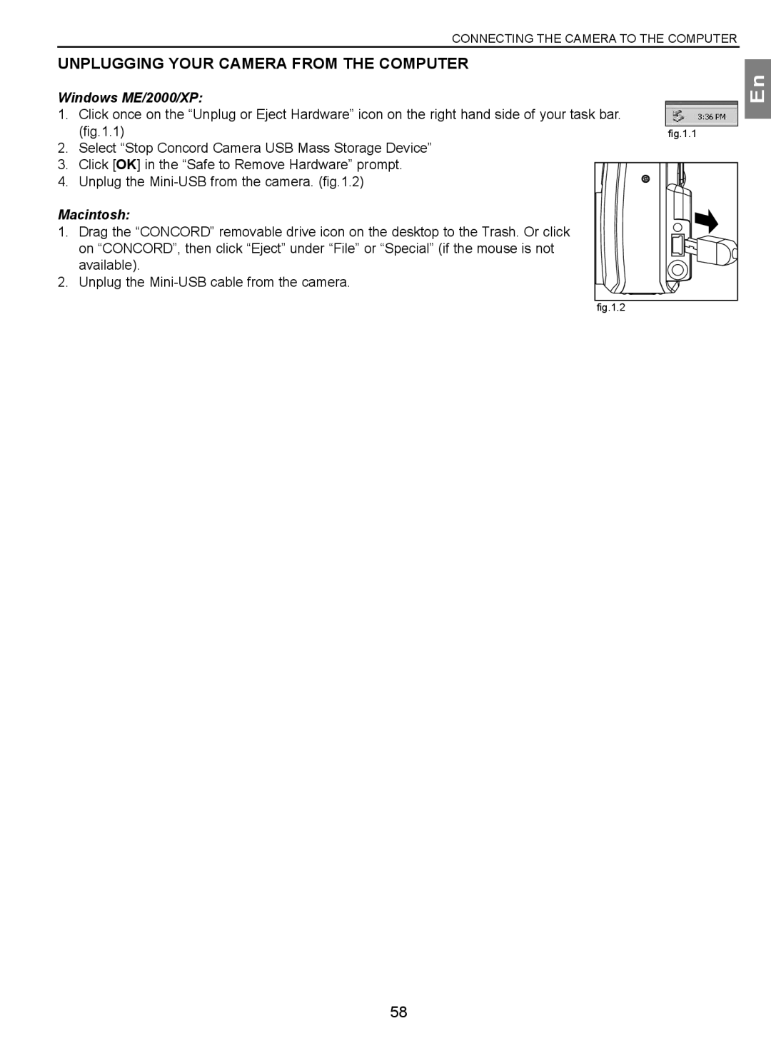 Concord Camera 3.1 Megapixels Digital Camera manual Unplugging Your Camera from the Computer, Windows ME/2000/XP, Macintosh 