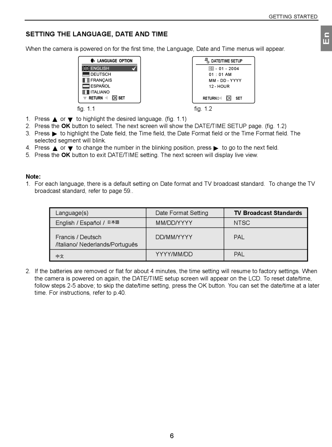 Concord Camera 3.1 Megapixels Digital Camera manual Setting the LANGUAGE, Date and Time, TV Broadcast Standards 