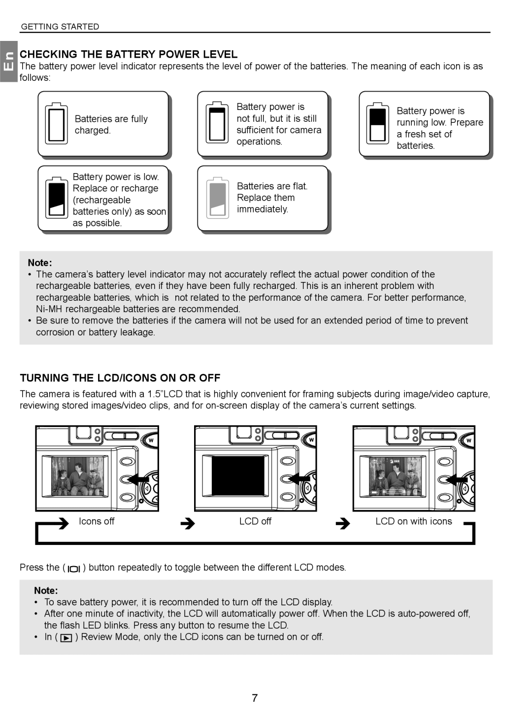 Concord Camera 3.1 Megapixels Digital Camera manual Checking the Battery Power Level, Turning the LCD/ICONS on or OFF 