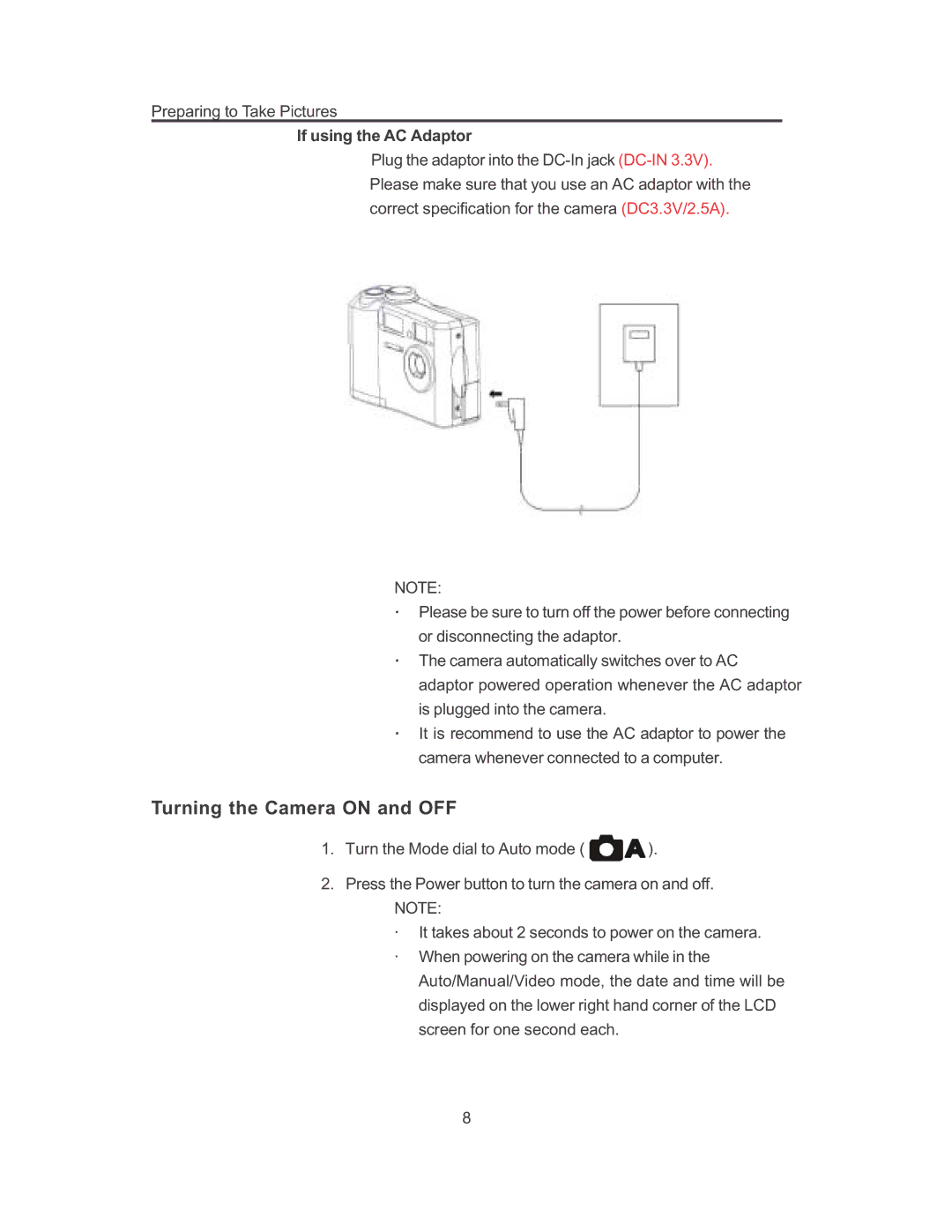 Concord Camera 3103 manual Turning the Camera on and OFF, If using the AC Adaptor 